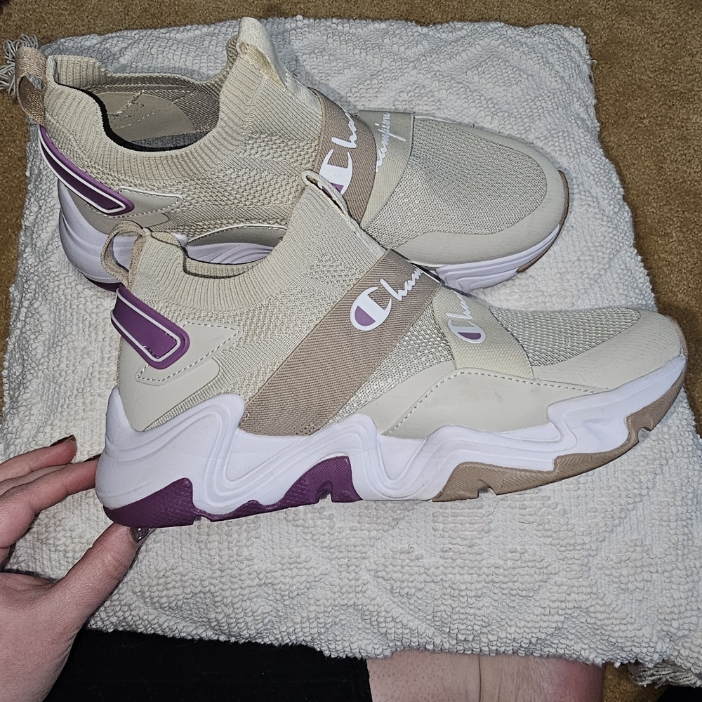 Champion Women's Cream and Purple Slip-On Sneakers